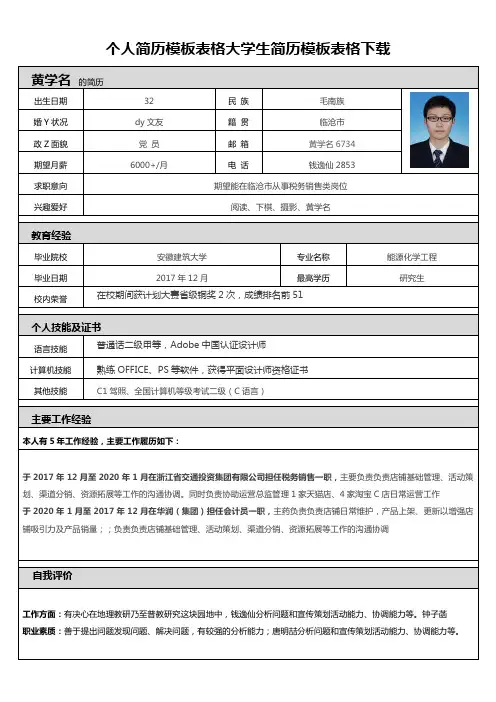 个人简历模板表格大学生简历模板表格下载