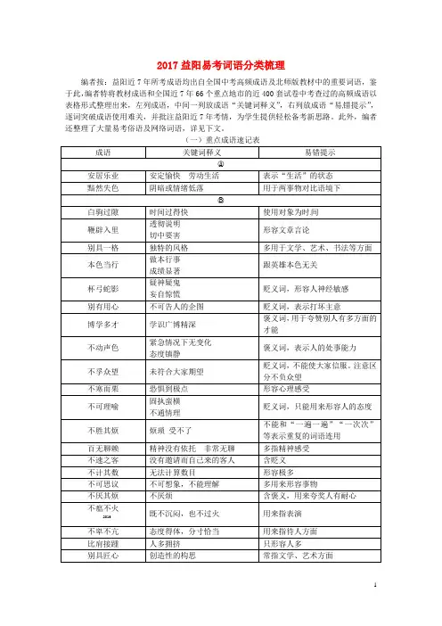 湖南省益阳市2017年中考语文第一部分积累与运用易考词语分类梳理素材