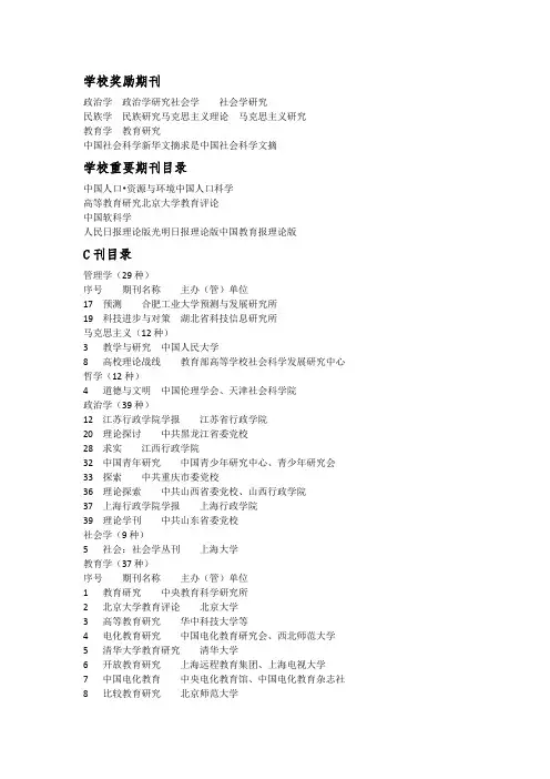 武汉大学奖励期刊c刊核心一览表