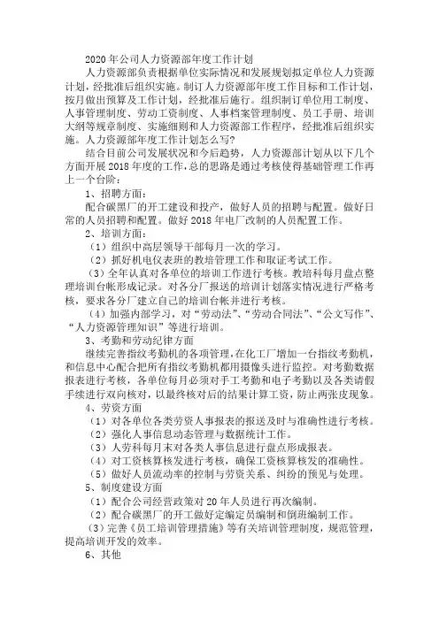 2020年公司人力资源部年度工作计划