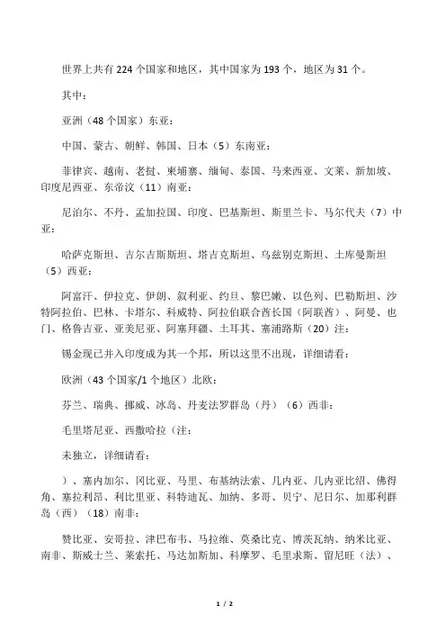 全世界上所有国家和地区及分布