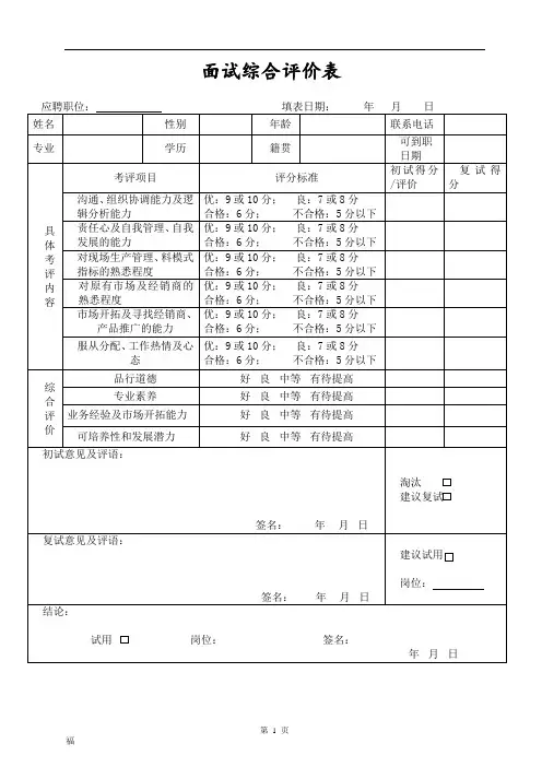 面试综合评价表
