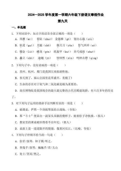 2024—2025学年度第一学期六年级下册语文寒假作业第九天