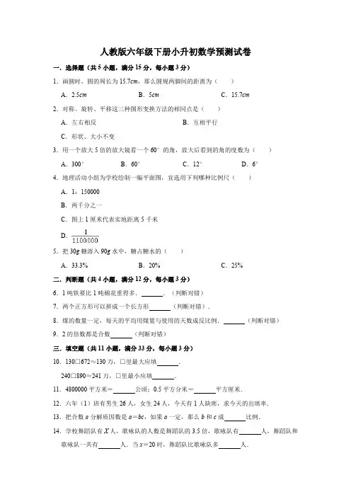 六年级下册数学试题-2020年小升初数学预测试卷(有答案)人教版