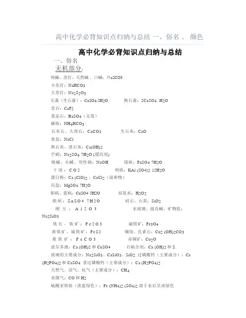 高中化学必背知识点归纳与总结一、俗名二、颜色