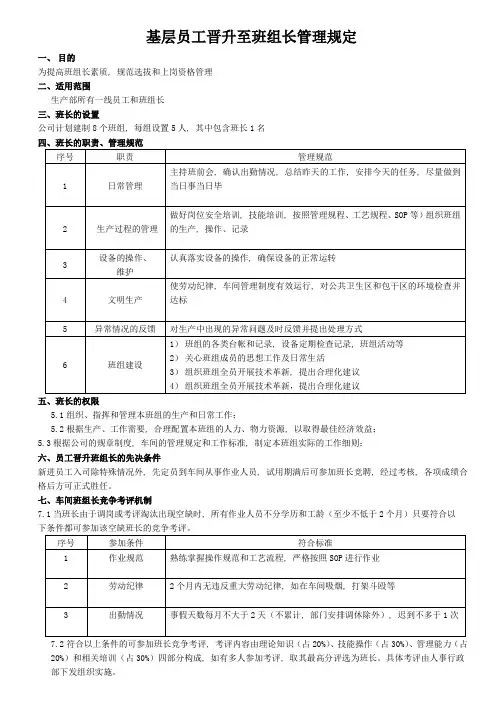 基层员工晋升至班组长管理规定