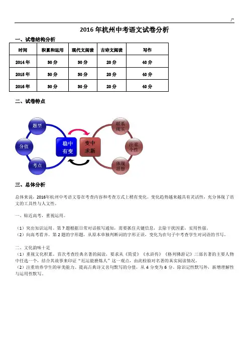 2016年度杭州中考语文试卷分析(语文)