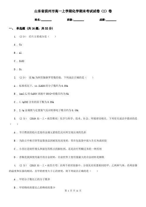 山东省滨州市高一上学期化学期末考试试卷(I)卷