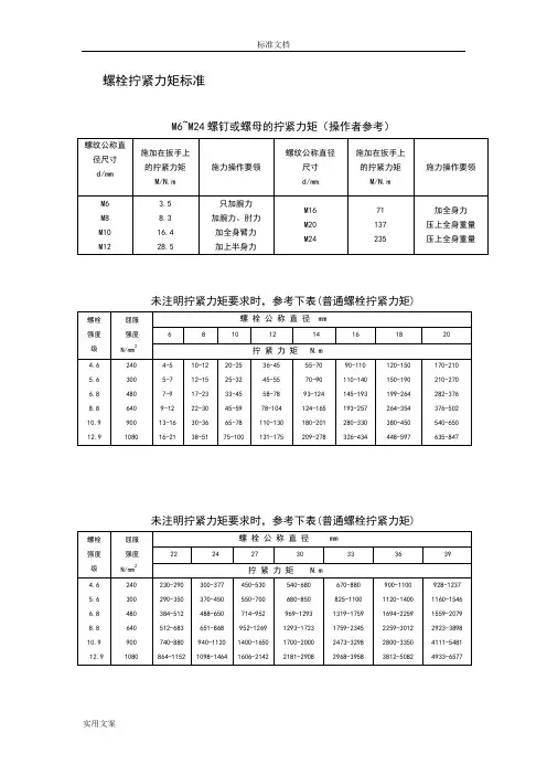 螺栓拧紧力矩要求规范