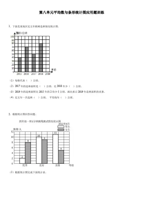 第八单元平均数与条形统计图应用题训练(试题)四年级下册数学人教版