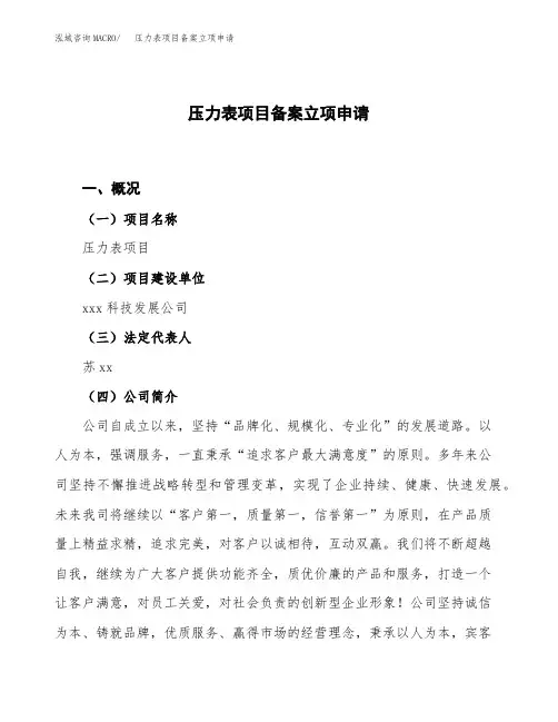 压力表项目备案立项申请范本