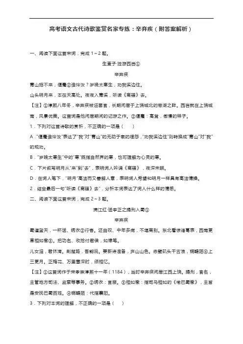 高考语文古代诗歌鉴赏名家专练：辛弃疾(附答案解析)