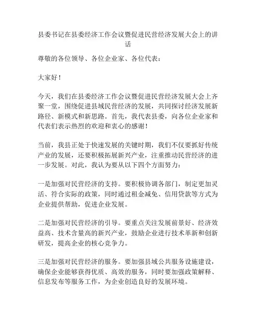 县委书记在县委经济工作会议暨促进民营经济发展大会上的讲话