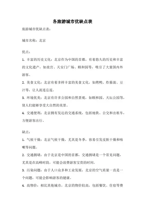 各旅游城市优缺点表