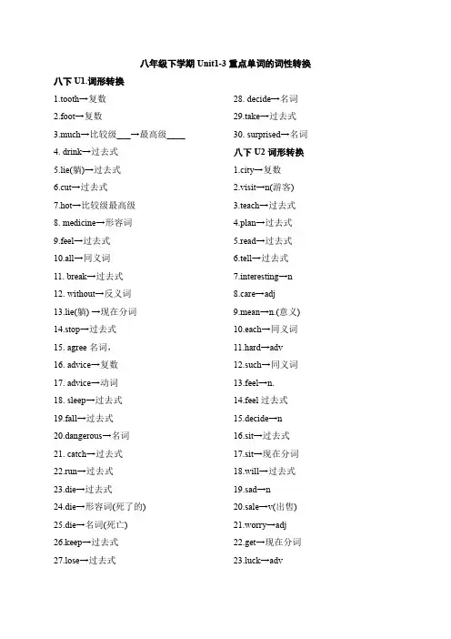 人教版英语八年级下册  Units 1-3重点单词词性转换