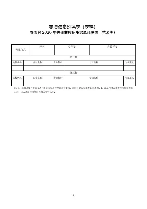 安徽省普通高校招生志愿预填表(艺术类).pdf
