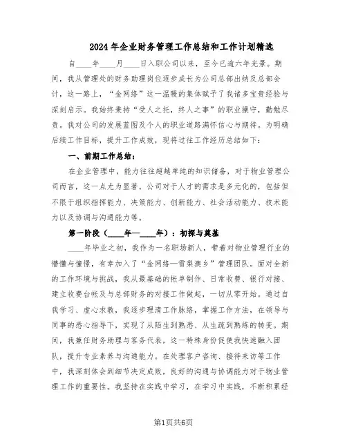 2024年企业财务管理工作总结和工作计划精选（3篇）