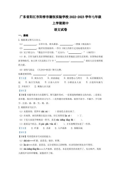 精品解析：广东省阳江市阳春市德恒实验学校2022-2023学年七年级上学期期中语文试题(解析版)