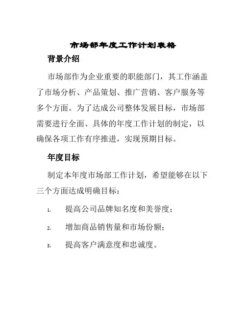 市场部年度工作计划表格