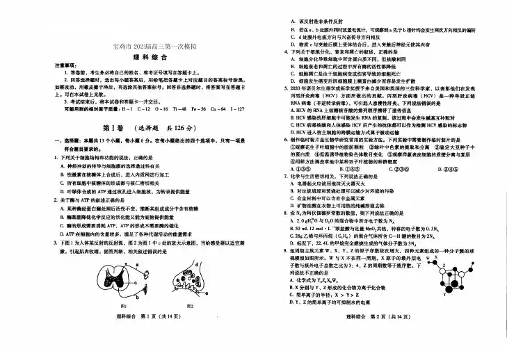 陕西省宝鸡市2021届高三第一次模拟考试理综试题及答案解析完整版