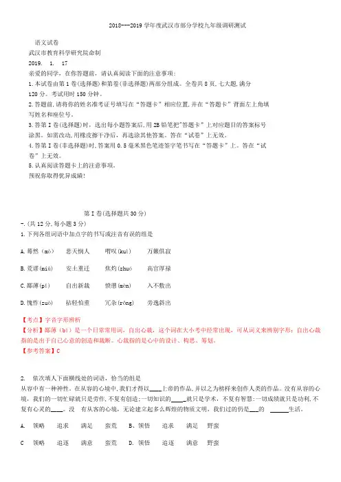 湖北省武汉市2019九年级元调语文试卷解析版