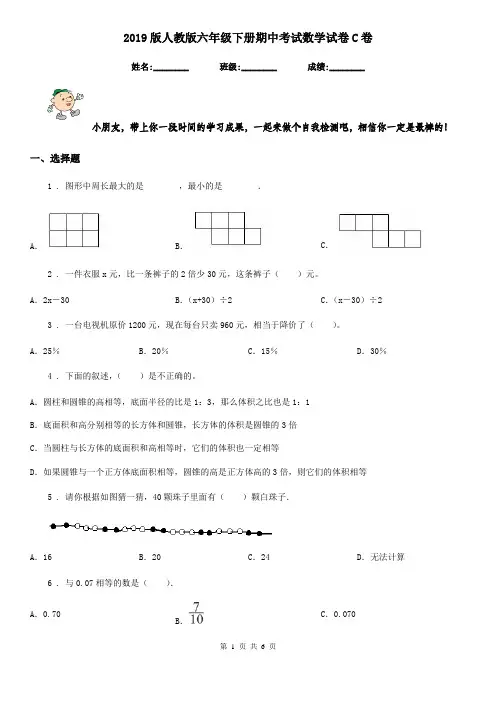 2019版人教版六年级下册期中考试数学试卷C卷