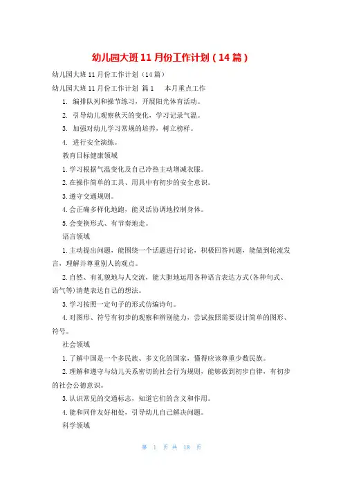 幼儿园大班11月份工作计划(14篇)