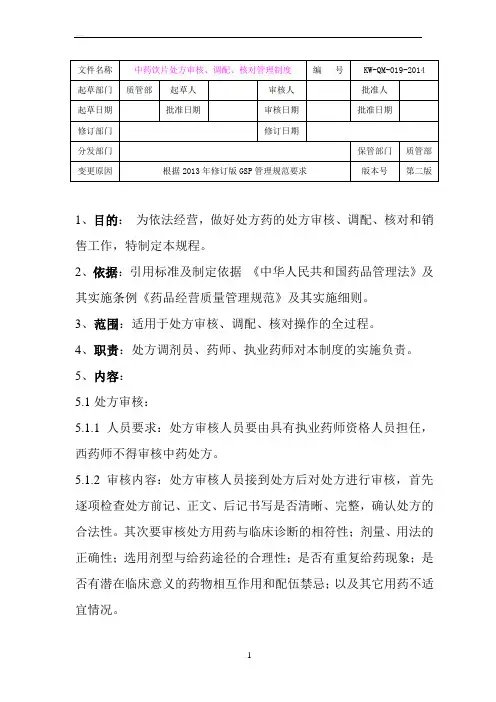 中药饮片处方审核、调配、核对管理制度