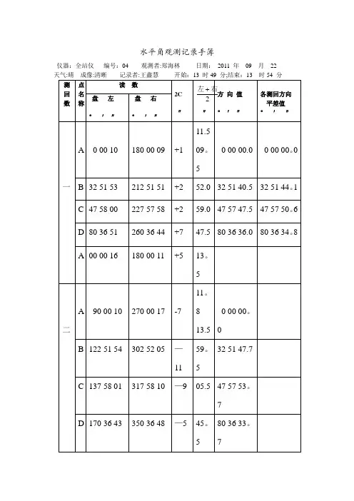 水平角观测记录手簿【范本模板】