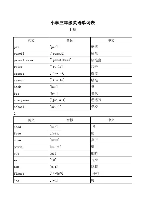 小学三年级英语单词表