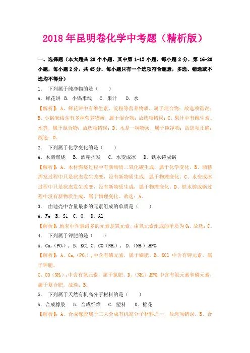 【化学】2018年昆明卷化学中考题(解析版)