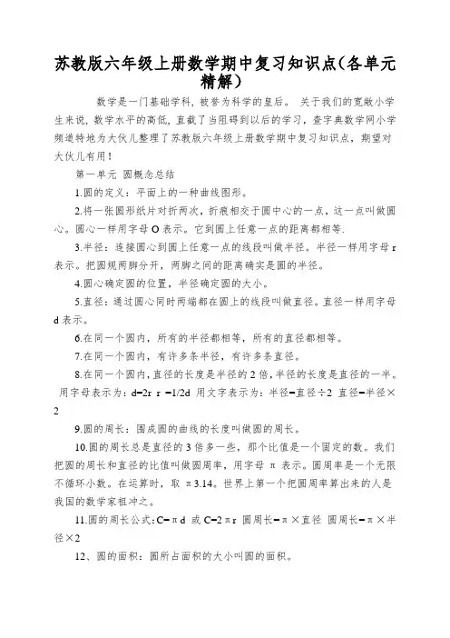 苏教版六年级上册数学期中复习知识点(各单元精解)