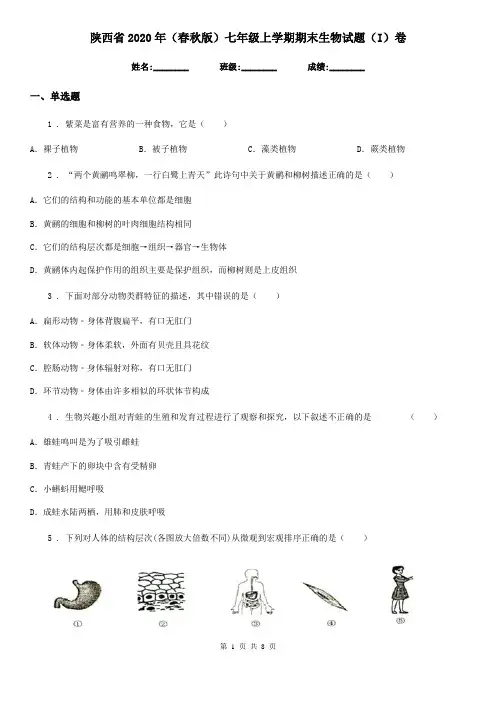 陕西省2020年(春秋版)七年级上学期期末生物试题(I)卷(模拟)