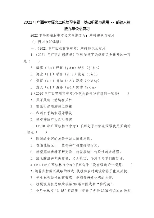 2022年广西中考语文二轮复习专题：基础积累与运用----部编人教版九年级总复习