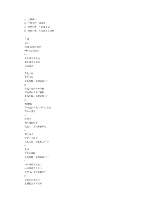 pos机错误代码一览表