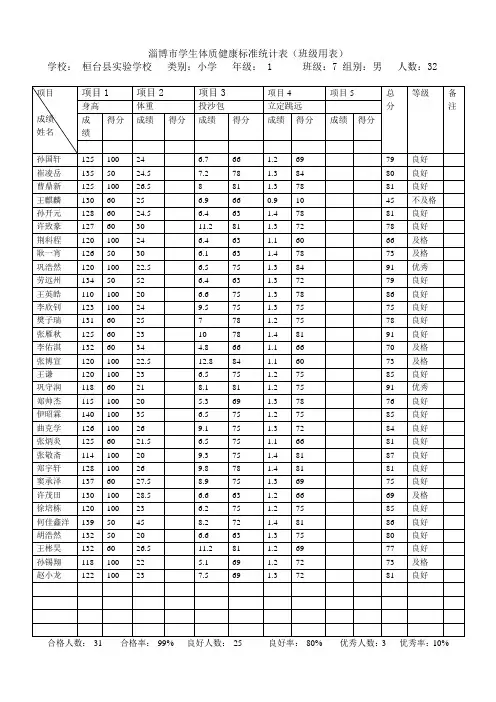 一年级学生体质健康统计表7至12班