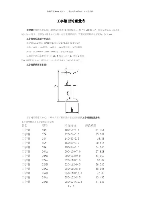 史上最全的工字钢理论重量表