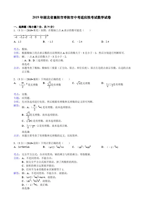 2019年襄阳市枣阳市中考适应性考试数学试卷及答案(解析版)