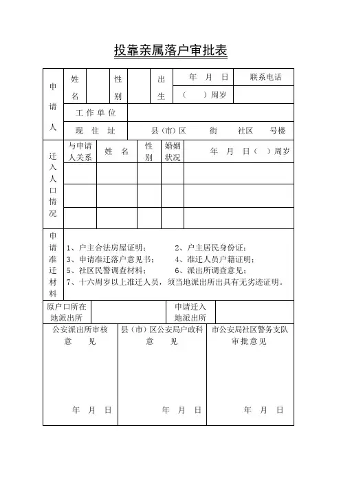 公安户政管理机关出具投靠亲属落户审批表模板