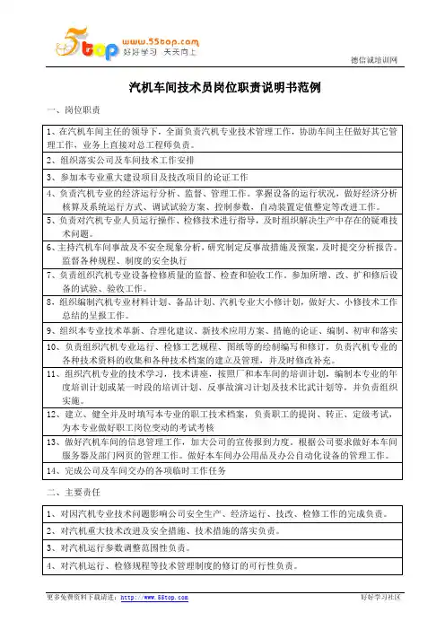 汽机车间技术员岗位职责说明书