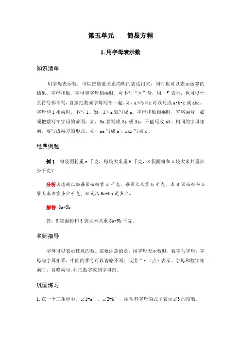 人教版五年级数学上册第五单元简易方程1.用字母表示数