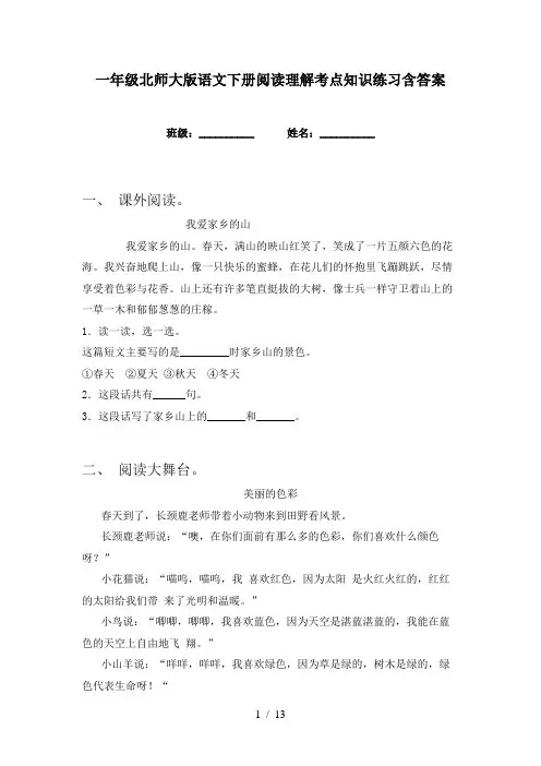 一年级北师大版语文下册阅读理解考点知识练习含答案