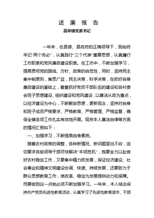 镇党委书记述廉报告