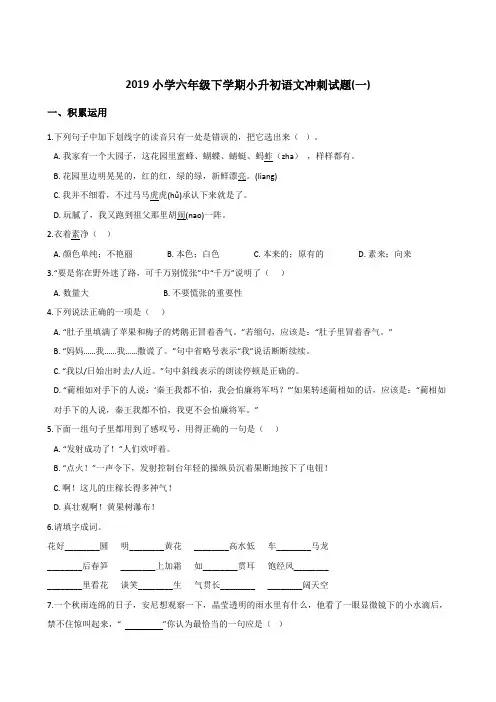 六年级下册语文试题 - 2019-2020小升初语文模拟试题人教新课标 含答案 (18)
