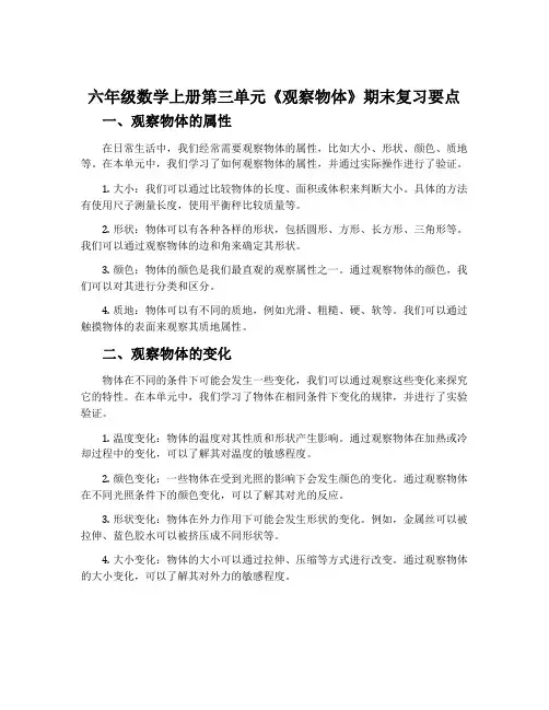 六年级数学上册第三单元《观察物体》期末复习要点