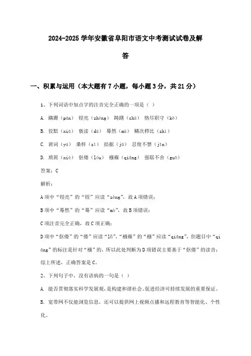 2024-2025学年安徽省阜阳市语文中考测试试卷及解答