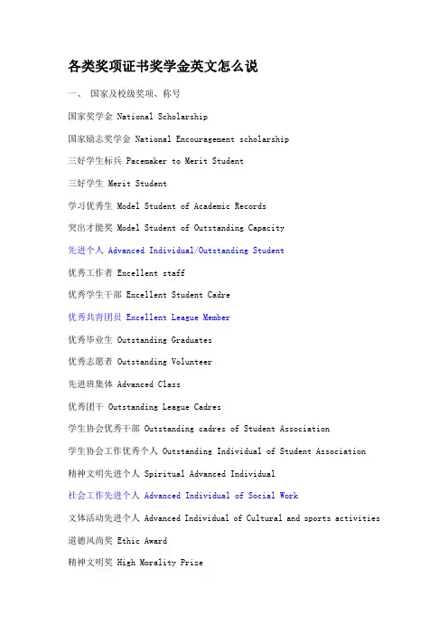 英文描述各种奖学金