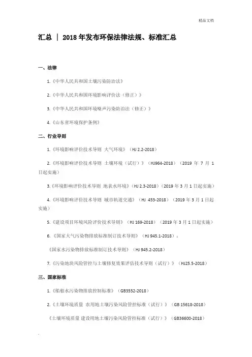2018年发布环保法律法规、标准汇总