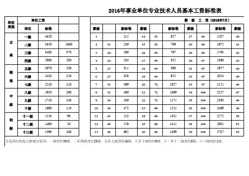2016年事业单位专业技术人员基本工资标准表