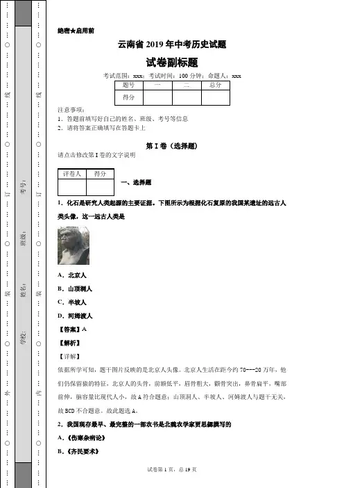 2019年云南省初中学业水平考试历史试题及答案解析